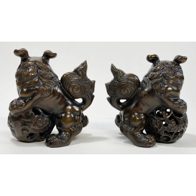 Stone Vintage Foo Dog Figures With Bronze Finish, a Pair For Sale - Image 7 of 10