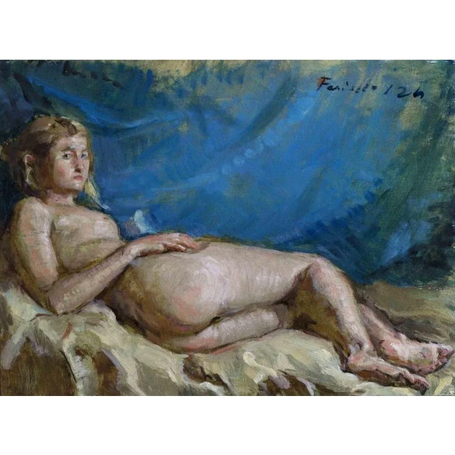 Oil painting on a wooden panel realized by Marco Fariello in 2024, and depicting a girl lying on a Bed. This piece is...