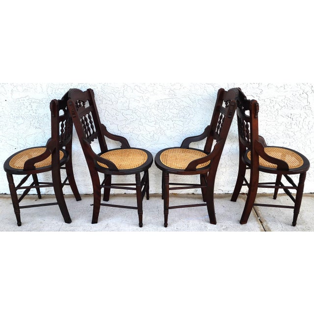 Victorian Antique Eastlake Victorian Style Walnut Cane Seat Side Dining Chairs Set of 4 For Sale - Image 3 of 13