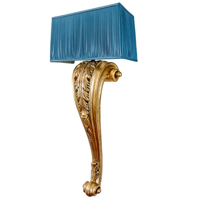 Mid 20th Century French Grand Scale Parisian Giltwood Corbel Sconces With Blue Pleated Silk Shades - a Pair For Sale - Image 4 of 13