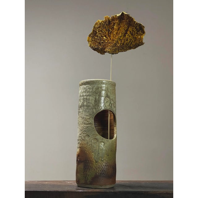 Vintage Japanese Postmodernist Ikebana Vase, Signed. Textured glazed exterior in a greyish beige/brown. The interior is a...