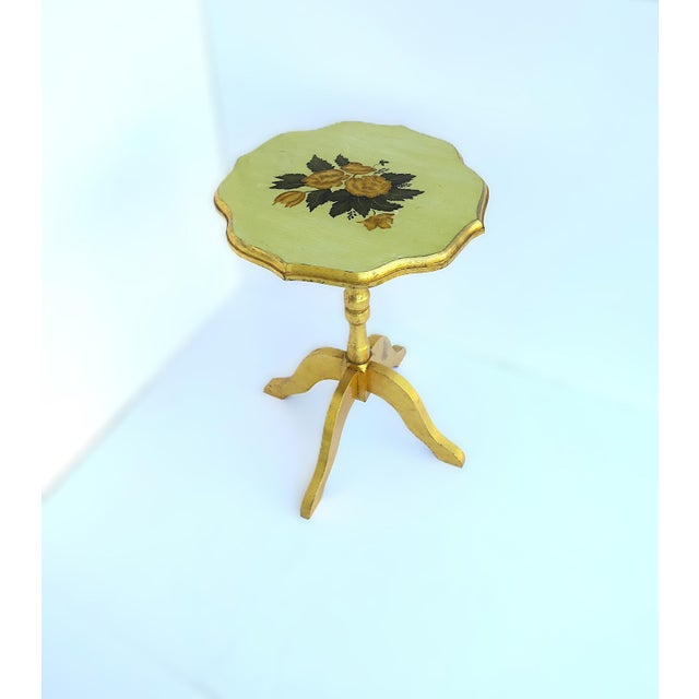 French Country Gold Giltwood Scalloped Side Accent Table With Floral Top, Late 20th Century For Sale - Image 3 of 15