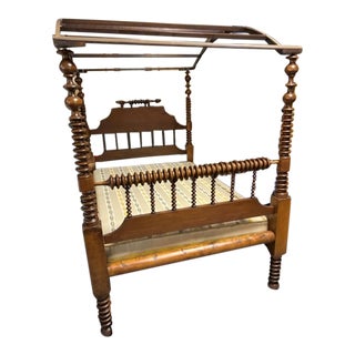 Antique 4 Poster Wooden Rope Bed With Canopy For Sale