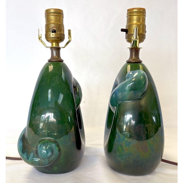Mid 20th Century Mid Century Modern Royal Haeger Style Green-Blue Drip Glaze Ceramic Lamps- A Pair For Sale - Image 5 of 12