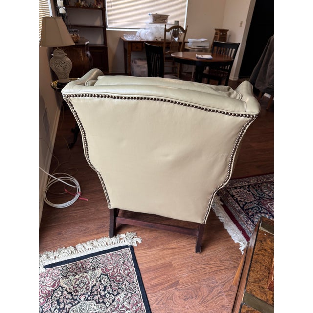 Wood VTG Classic Leather Inc Mahogany Chippendale Wingback Chair Ottoman Beige Set For Sale - Image 7 of 15