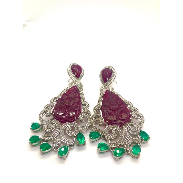 Bochic “Capri” Vintage Emerald, Ruby & Diamond Earrings Set In 18K Gold & Silv For Sale - Image 11 of 11