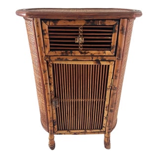 Vintage Rattan Side Table Cabinet For Sale