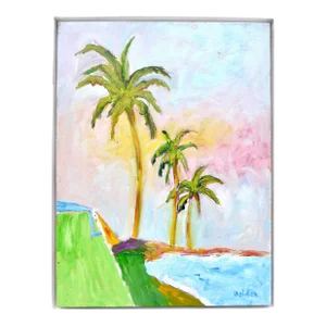 "Three Palms at Sunset" , Framed Oil Painting
