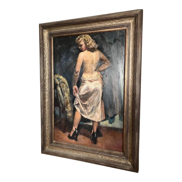 Large Howard Clapp Signed Female Semi-Nude Portrait Oil Painting "Pink Slip" 1945 For Sale