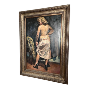 Large Howard Clapp Signed Female Semi-Nude Portrait Oil Painting "Pink Slip" 1945