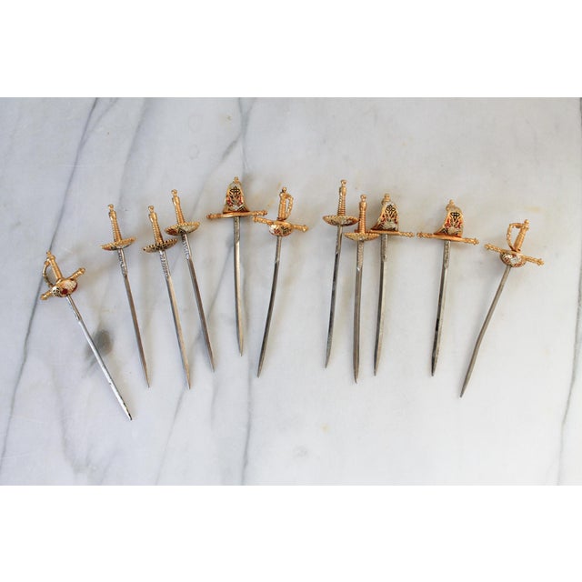 1960s 1960s Vintage Spanish Toledo Brass Sword Cocktail Skewers Food Picks With Base For Sale - Image 5 of 10