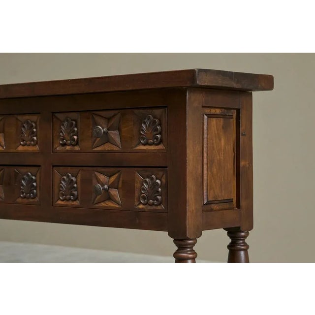 Brown Spanish Style Sideboard in Hand Carved Walnut and Wrought Iron, 1940s For Sale - Image 8 of 16