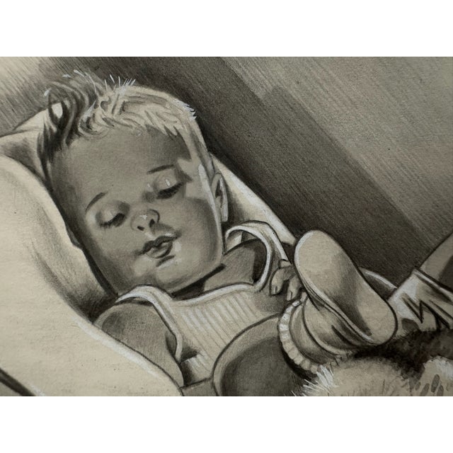 Original graphite pencil drawing by American artist and illustrator Theodore E. Schrock (1879–1952), depicting a sleeping...