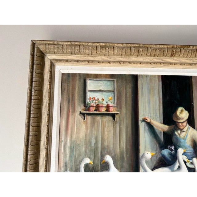 Vintage Batcheldos Farm Scene of a Man With Ducks Oil Painting, Framed For Sale - Image 9 of 11