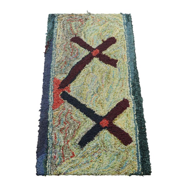 1920s Antique Hooked With Geometric Patterns Over Green and Green Tones | Rug & Kilim For Sale - Image 5 of 7
