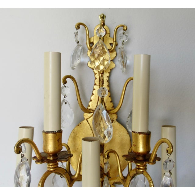 Late 19th Century French Victorian -Style, Gilded Gold & Crystal Drop 5--Candelabra Wall Light Sconces - Pair For Sale - Image 9 of 17