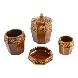 French Antique Art Deco Majolica Desk Set- 4 Pieces For Sale