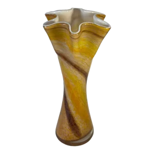 15 Inch Tall Slender Amber Ombre Art Glass Vase With Ruffled Lip