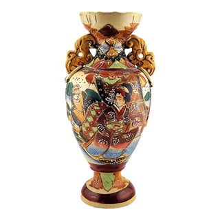 Antique Japanese Moriage Satsuma Samurai Raised Relief Floral Handled Vase For Sale