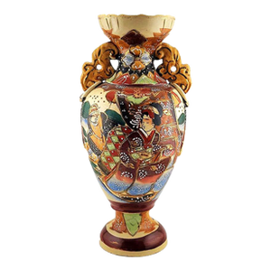 Antique Japanese Moriage Satsuma Samurai Raised Relief Floral Handled Vase
