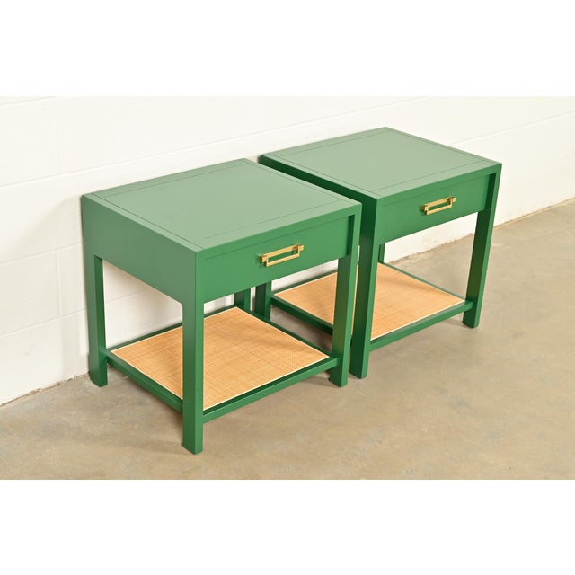 Baker Furniture Company Michael Taylor for Baker Furniture Mid-Century Hollywood Regency Green Lacquer and Cane Campaign Nightstands, Newly Refinished For Sale - Image 4 of 15