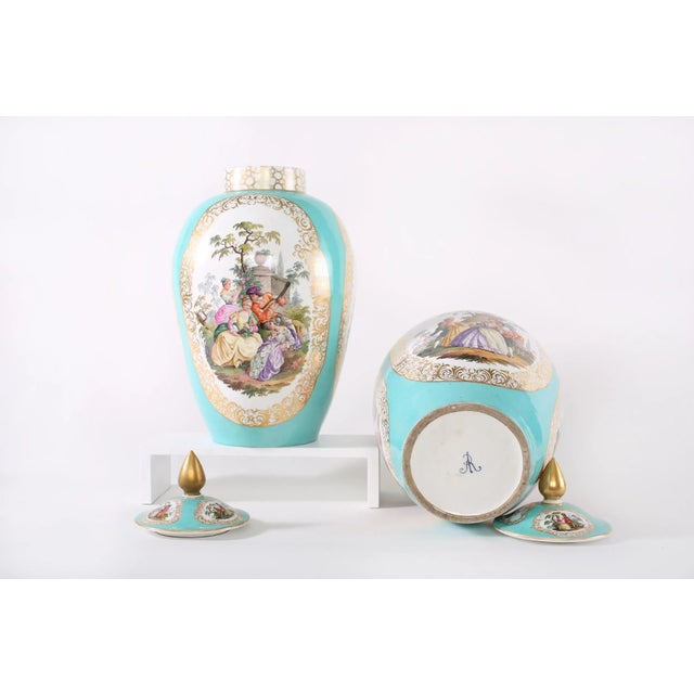 19th Century Hollywood Regency Gilt Porcelain Covered Urns - a Pair For Sale - Image 11 of 13