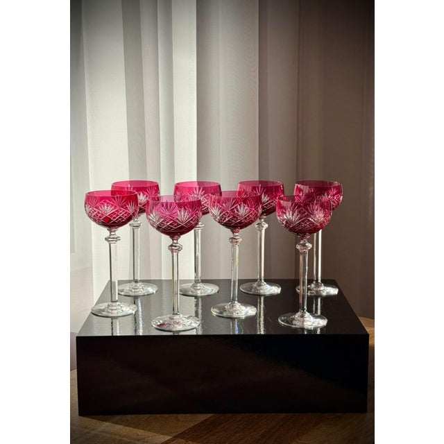 Ruby Cut-to-Clear Crystal Cordial Glasses attributed to Val Saint Lambert, 1950, Set of 8 For Sale - Image 13 of 18