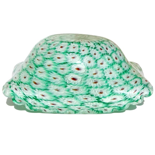 Green Murano Vintage Fratelli Toso Millefiori Green White Flower Mosaic Italian Art Glass Ruffle Edge Bowl For Sale - Image 8 of 8