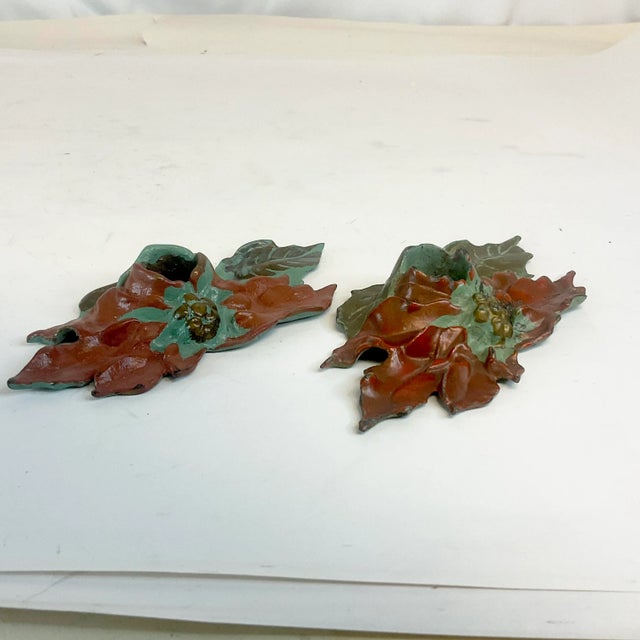 1922 Antique Boho Chic Americana Cast Iron Poinsettia Candle Holders - A Pair, Christmas For Sale - Image 4 of 11