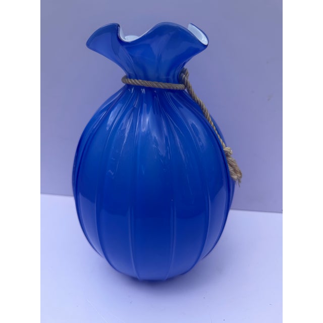 Large Vintage Hand-Blown 8" Blue Glass Opaline Money Bag Vase For Sale - Image 4 of 12