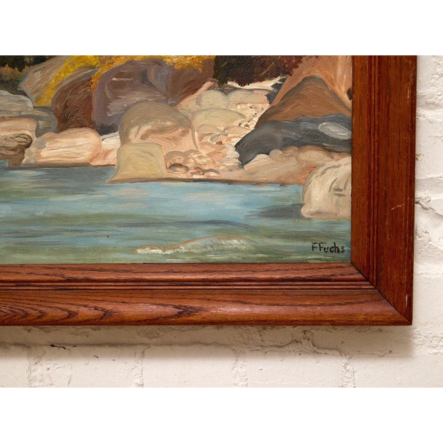 Vintage Mountain River Landscape Painting With Bridge For Sale In Los Angeles - Image 6 of 8