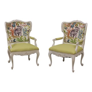 Stunning Pair Decorator Upholstered Modern French Armchairs For Sale