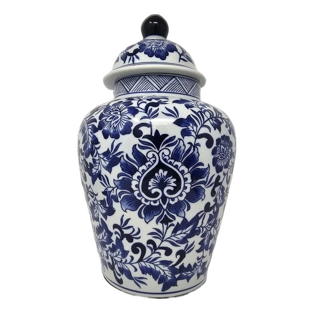 Vintage Chinese 14" Blue and White Porcelain Floral Temple Ginger Jar For Sale