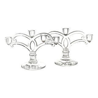 Glass Three Light Candle Holders - a Pair For Sale