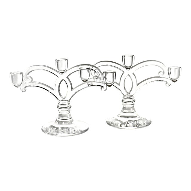 Glass Three Light Candle Holders - a Pair For Sale