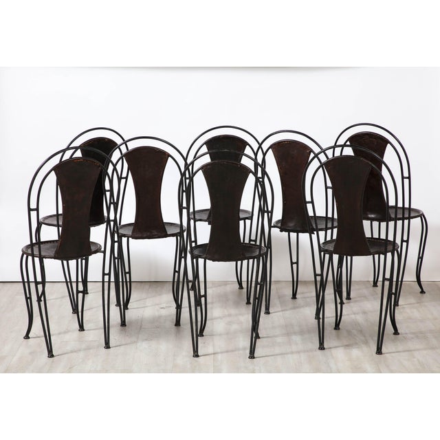 Italian Leather and Metal Bistro Dining Chairs, Circa 1960 Set of 8
