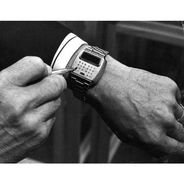Computer And Watch The first combined computer-calculator and wristwatch to be produced, known as 'Pulsar', on show at the...
