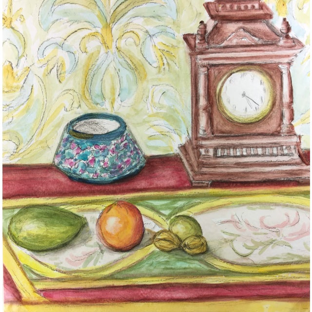 Mid 20th Century Mantel Clock Still Life Watercolor Painting For Sale - Image 4 of 4