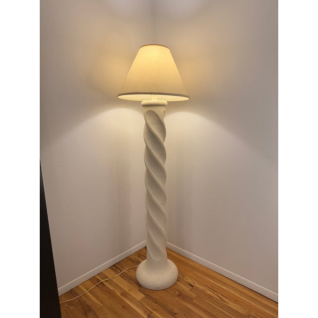Striking vintage spiral plaster floor lamp in the manner of Michael Taylor, featuring a tall sculptural twisted column...