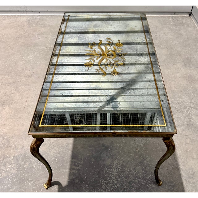 Mid 20th Century French Bronze, Iron and Églomisé Glass Coffee Table With Greek Key Frieze For Sale In New York - Image 6 of 8
