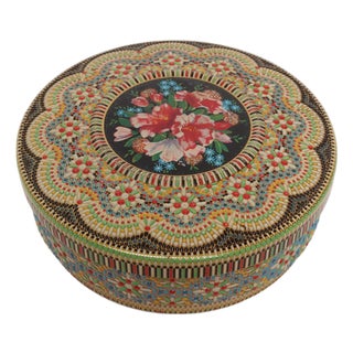 Vintage Dutch Beaded Mosaic Relief Biscuit Tin/Lidded Box With Floral Decoration For Sale