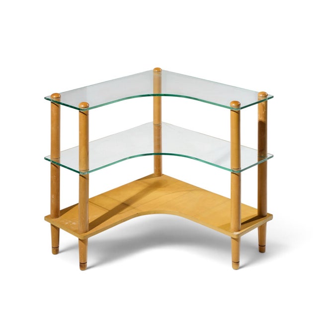 Gilbert Rohde Style Mid Century Glass and Walnut Corner Table This corner table measures: 30 wide x 30 deep x 29.25 inches...