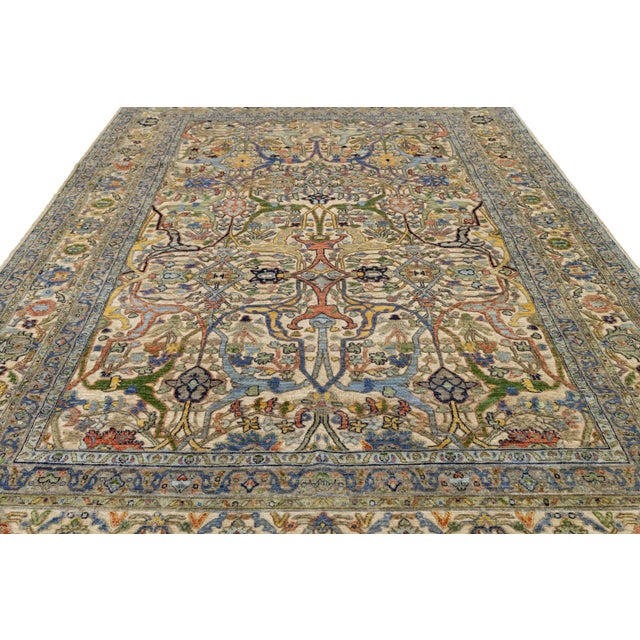 Hand-Knotted Modern Bidjar Hi-Lo Textured Rug Beige Wool Rug Floral & Vine Motif For Sale - Image 9 of 11