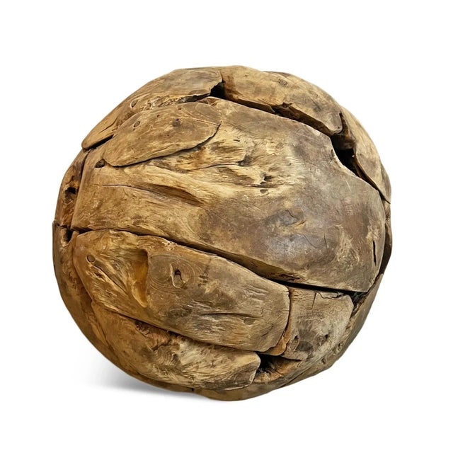 Vintage decorative sphere formed by pieces of salvaged teak root wood. Unique rustic modern art with lots of character....