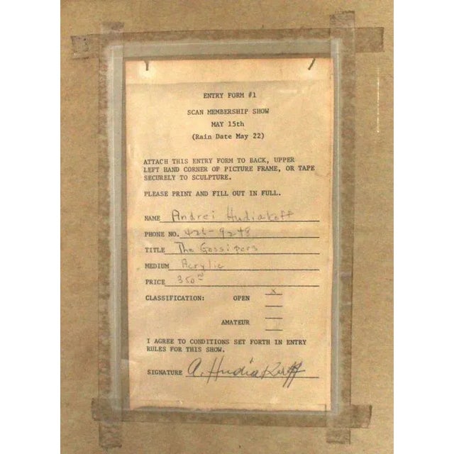 Brown Vintage Mid Century "Gossipers" Acrylic Painting by Andrei Hudiakoff For Sale - Image 8 of 9