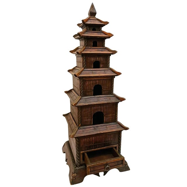 A mid to late 20th century Chinese split reed bamboo 6-tier pagoda tower with a drawer. Light and delicate.