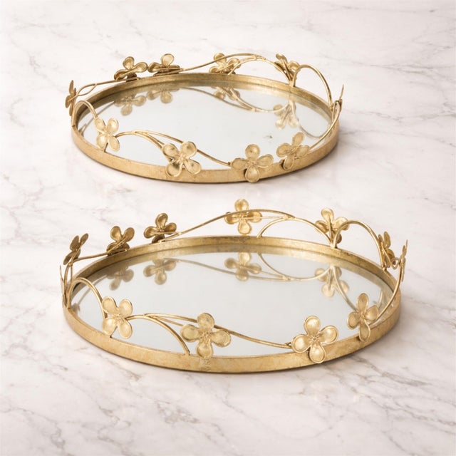 Contemporary Floral Sculpted Mirror Tray (Set of 2) For Sale - Image 3 of 5