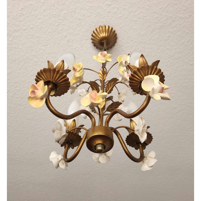 Vintage Shabby Chic Florentine Pendant Lamp Four-Armed with Gold-Tone Porcelain Roses, 1960s For Sale - Image 18 of 18