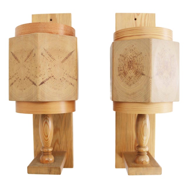 Vintage Wall Lights in Pine by Leif Wikner, Sweden, 1970s, Set of 2 For Sale