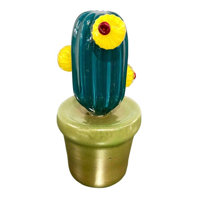 2000s Italian Teal Gold Green Murano Art Glass Cactus Plant With Yellow Flowers For Sale